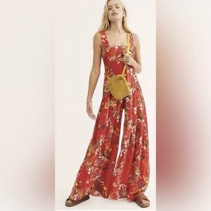 Free People One Aloha Hand Printed Raw Hem Wide Leg Jumpsuit Sz L